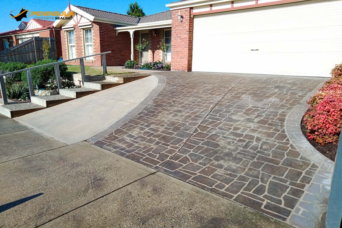 Stipple and stencil concrete before commercial-grade resurfacing coatings